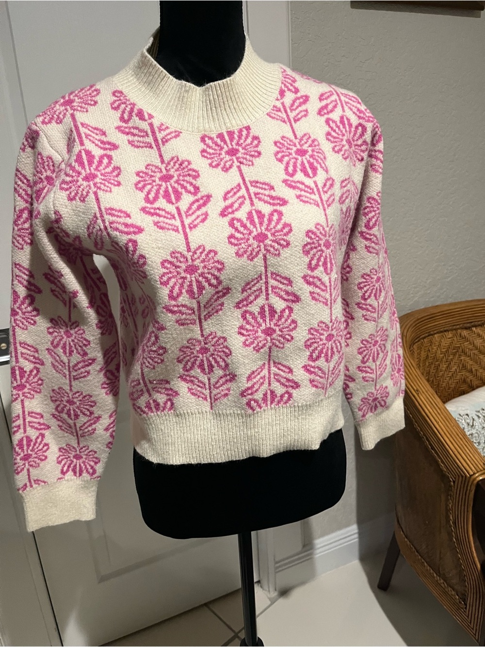 Cream Crewneck Sweater with Pink Floral Jacquard